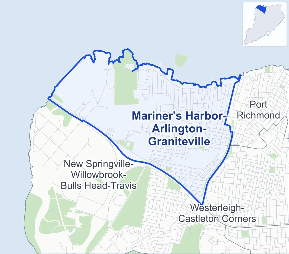 Street map of Mariner's Harbor-Arlington-Graniteville, Staten Island, outlined among New Springville-Willowbrook-Bulls Head-Travis, Port Richmond and Westerleigh-Castleton Corners, with Shooters Island.