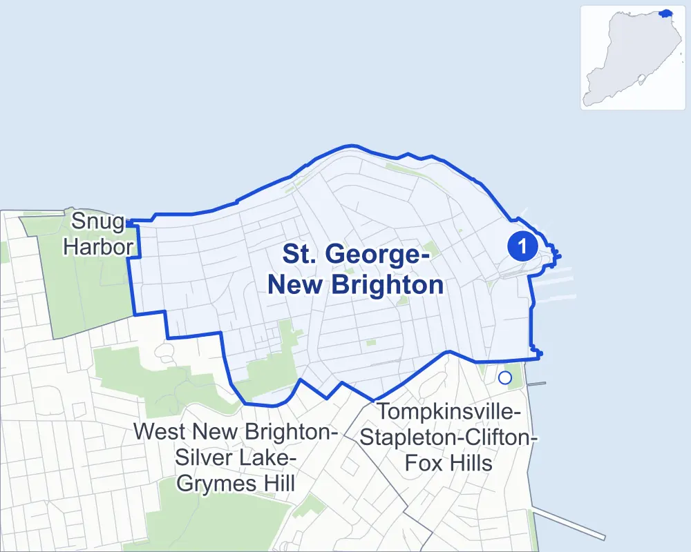 Street map of St. George-New Brighton, Staten Island, outlined among West New Brighton-Silver Lake-Grymes Hill, Tompkinsville-Stapleton-Clifton-Fox Hills and Snug Harbor, with its one Staten Island Railway station and Jones Woods Park.