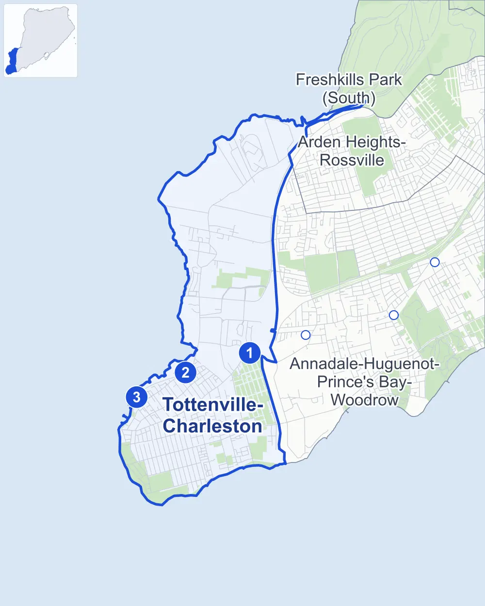 Street map of Tottenville-Charleston, Staten Island, outlined among Annadale-Huguenot-Prince's Bay-Woodrow, Arden Heights-Rossville and Freshkills Park (South), with its three Staten Island Railway stations and Conference House Park.
